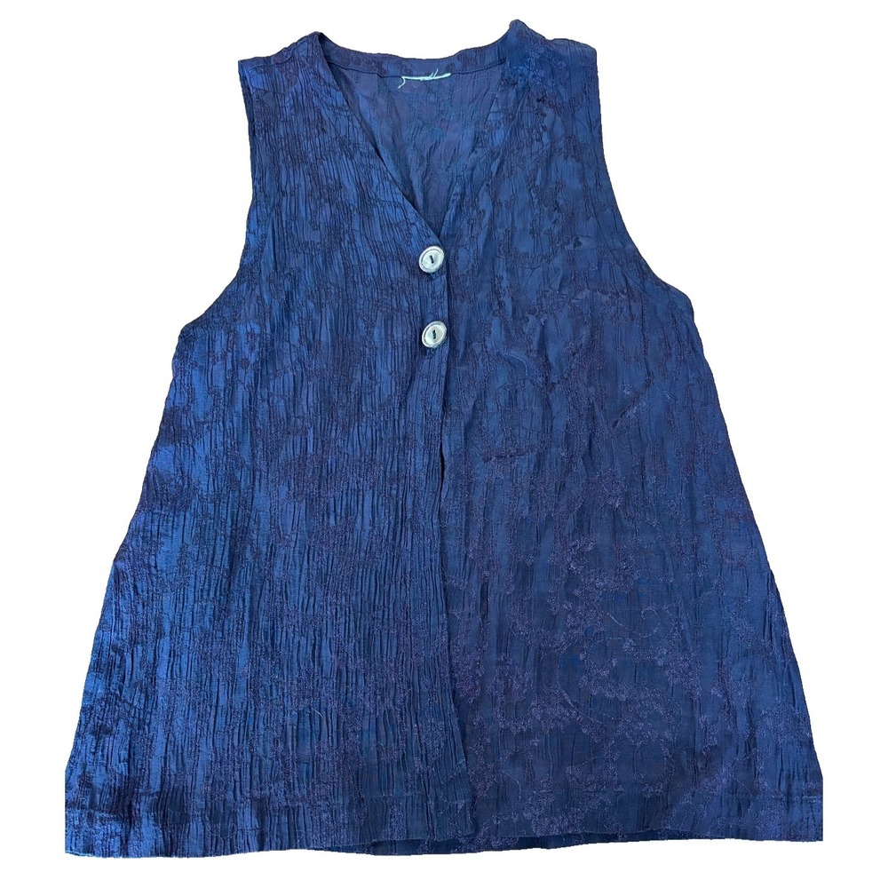 Blue embroidered rayon long flyaway vest 2 buttons size small boho hippie travel